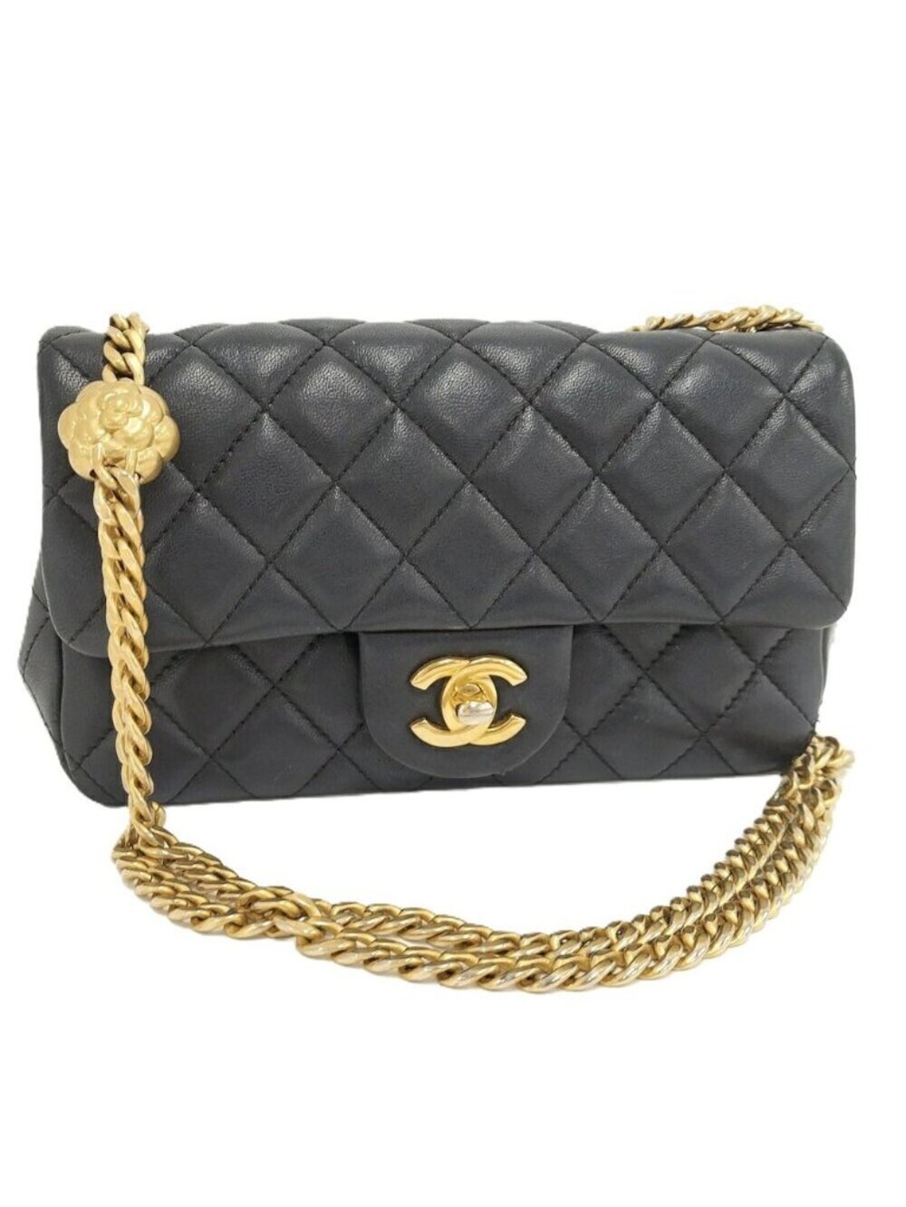 Chanel Quilted 20 Shoulder Bag Leather Black Gold